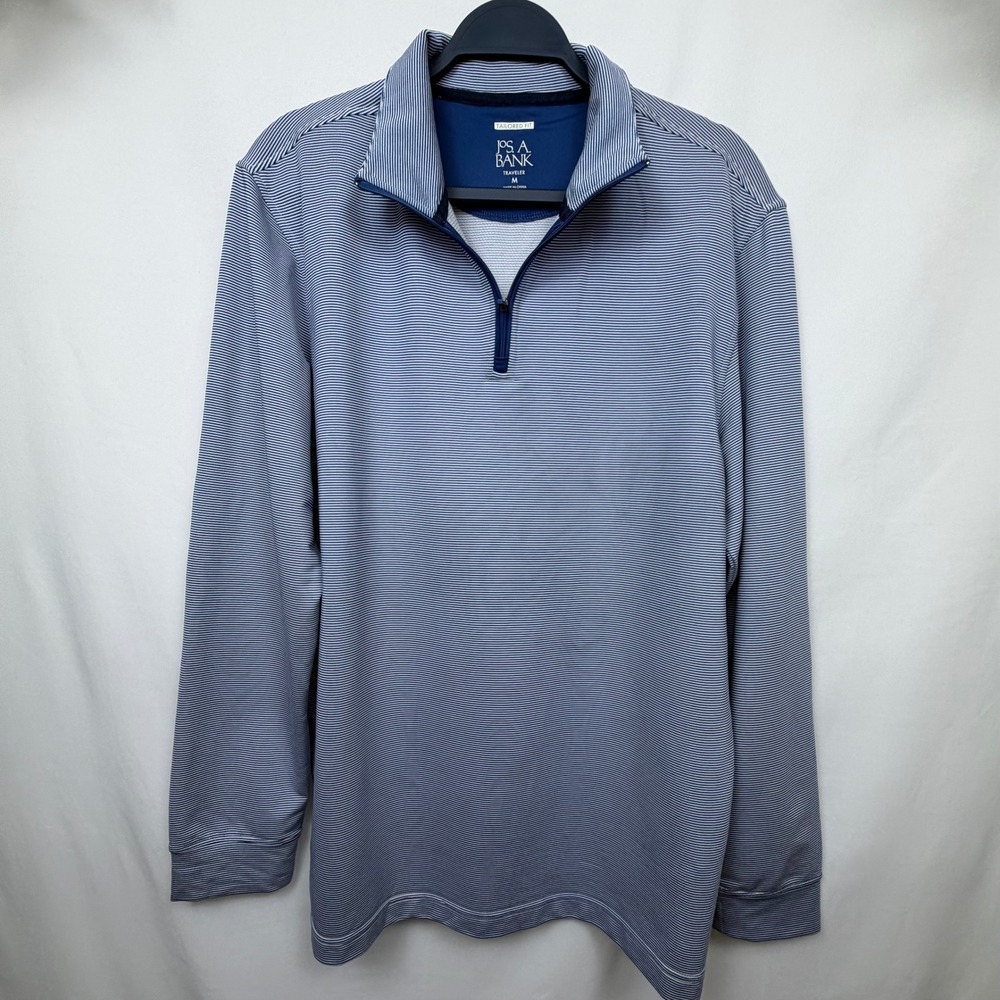 Jos A Bank Traveler Mens Medium Tailored Fit Quarter Zip Pullover Navy Stripe
